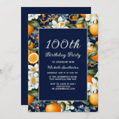 Oranges White Flowers Navy Blue 100th Birthday Kaart (Voorkant / Achterkant)