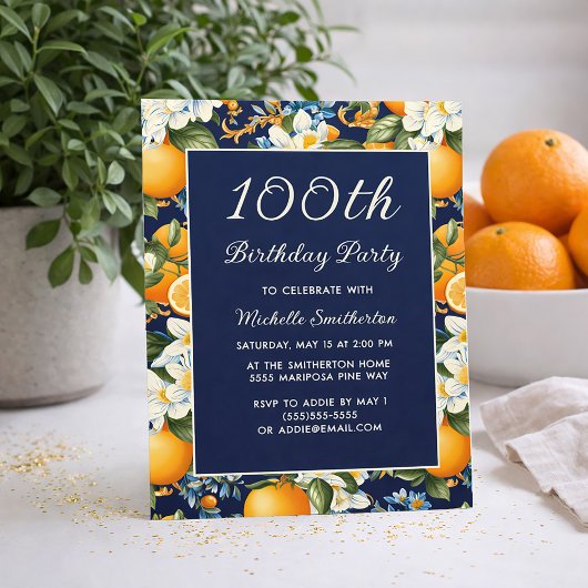 Oranges White Flowers Navy Blue 100th Birthday Kaart