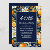 Oranges White Flowers Navy Blue 40th Birthday Kaart (Voorkant / Achterkant)