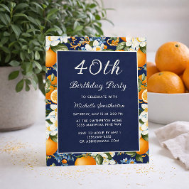Oranges White Flowers Navy Blue 40th Birthday Kaart