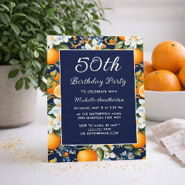 Oranges White Flowers Navy Blue 50th Birthday Kaart