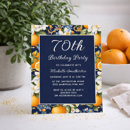 Oranges White Flowers Navy Blue 70th Birthday Kaart