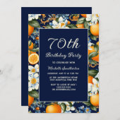Oranges White Flowers Navy Blue 70th Birthday Kaart (Voorkant / Achterkant)