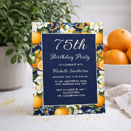 Oranges White Flowers Navy Blue 75th Birthday Kaart