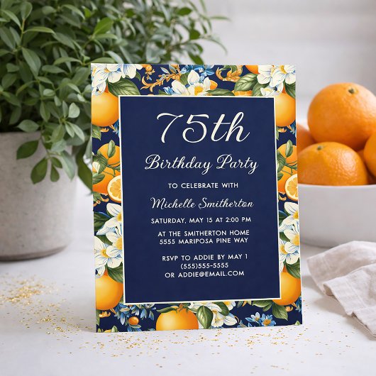 Oranges White Flowers Navy Blue 75th Birthday Kaart