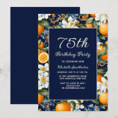 Oranges White Flowers Navy Blue 75th Birthday Kaart (Voorkant / Achterkant)