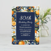 Oranges White Flowers Navy Blue 80th Birthday Kaart (Staand voorkant)