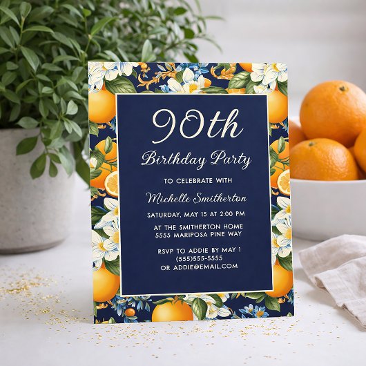 Oranges White Flowers Navy Blue 90th Birthday Kaart