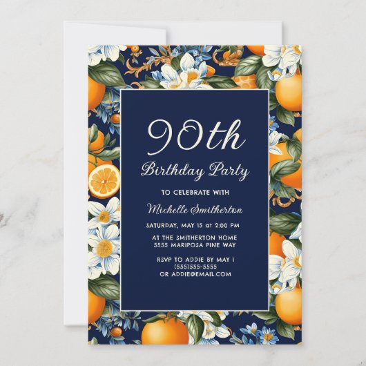 Oranges White Flowers Navy Blue 90th Birthday Kaart (Voorkant)