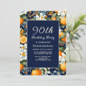 Oranges White Flowers Navy Blue 90th Birthday Kaart (Staand voorkant)