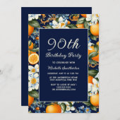 Oranges White Flowers Navy Blue 90th Birthday Kaart (Voorkant / Achterkant)