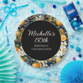 Oranges White Flowers Navy Blue Birthday Welcome Papieren Bordje (Feest)