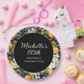 Oranges White Flowers Navy Blue Birthday Welcome Papieren Bordje (Feest)