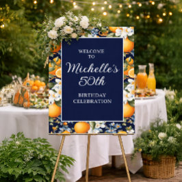Oranges White Flowers Navy Blue Birthday Welcome Poster