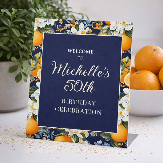 Oranges White Flowers Navy Blue Birthday Welcome Reclamebord Met Voetstuk