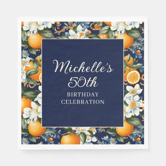 Oranges White Flowers Navy Blue Birthday Welcome Servet (Voorkant)