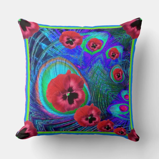 Orangey-Red Pansies Blue Pattern Art Kussen (Voorkant)