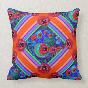 Orangey-Red Pansies Blue Pattern Art Kussen