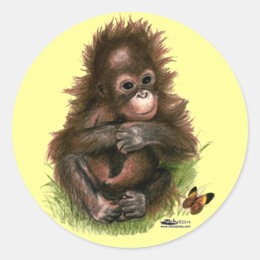 Orangutan Baby en Butterfly Ronde Sticker (Voorkant)
