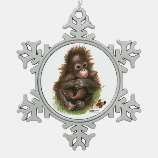 Orangutan Baby en Butterfly Tin Sneeuwvlok Ornament (Voorkant)