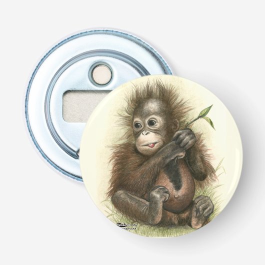 Orangutan Baby met bladeren Button Flesopener (Voorkant)