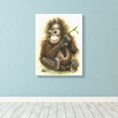Orangutan Baby met bladeren Canvas Afdruk (Insitu (Houten vloer))