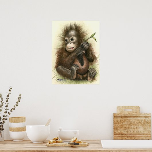 Orangutan Baby met bladeren Poster (Keuken)