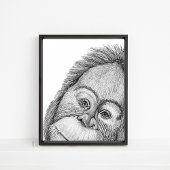 Orangutan Monkey Black en White Line Wall Art Poster