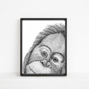 Orangutan Monkey Black en White Line Wall Art Poster