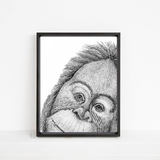 Orangutan Monkey Black en White Line Wall Art Poster