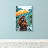 Orangutan with Orange Umbrella Canvas Afdruk (Insitu (Houten vloer))