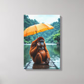 Orangutan with Orange Umbrella Canvas Afdruk (Voorkant)