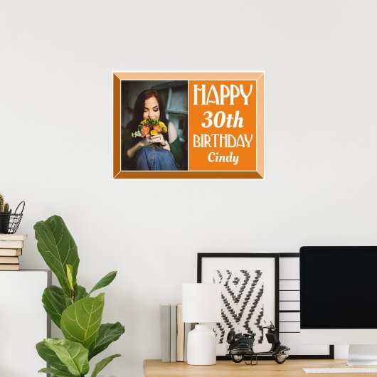 Oranje 30e Art Deco Birthday Foto Poster (Thuiskantoor)