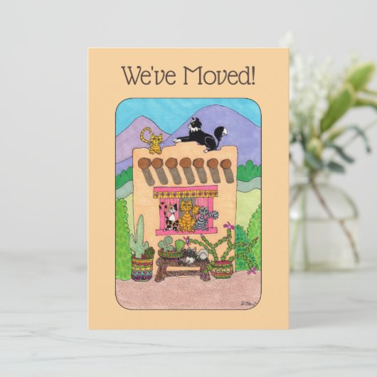 Oranje aankondiging Adobe House & Cats (Staand voorkant)