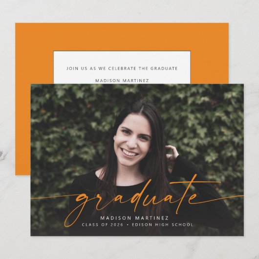 Oranje aankondiging Afstuderen Afstuderen script (Voorkant / Achterkant)