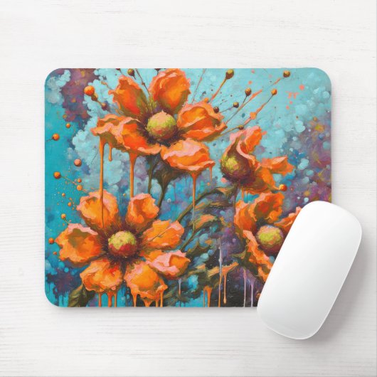 Oranje Abstracte Bloem met Verfdruipen Muismat (Met muis)
