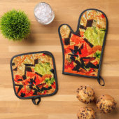 Oranje abstracte ovenhandschoen en pannenhouders ovenwant & pannenlap set (Top down)