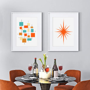 Oranje Abstracte Pleinen en Starburst Mid Century Muurkunst Sets