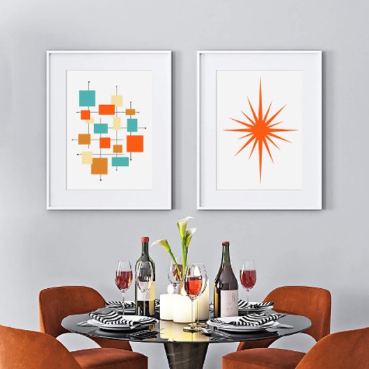 Oranje Abstracte Pleinen en Starburst Mid Century Muurkunst Sets