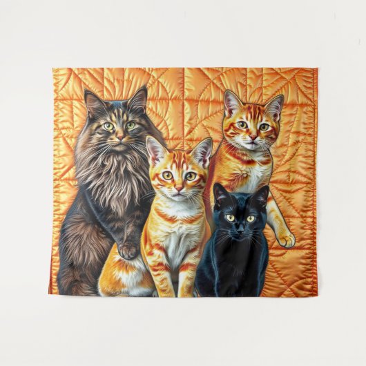Oranje achtergrond Quilt Vier katten Wandkleed (Voorkant (horizontaal))