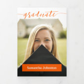 Oranje Afstudeer Script Modern Drie Foto Drieluik Uitnodiging (Cover)