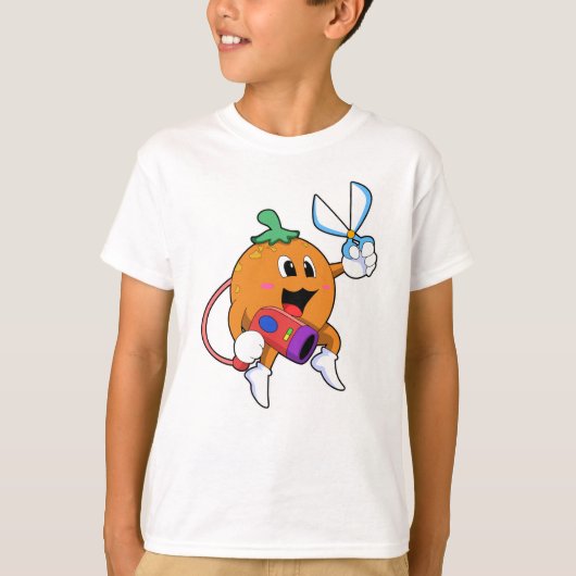 Oranje als hairdresser met schaar- en haardroger t-shirt (Voorkant)