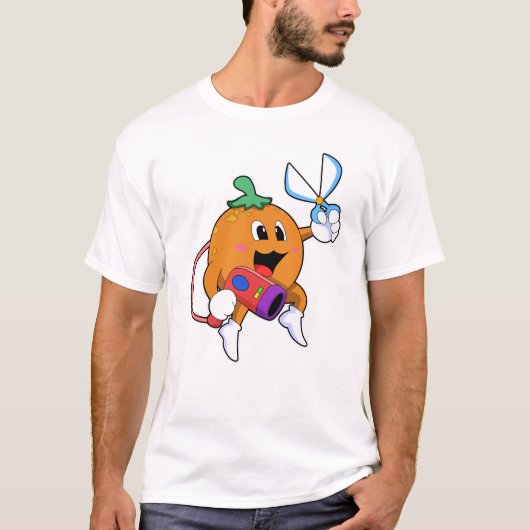 Oranje als hairdresser met schaar- en haardroger t-shirt (Voorkant)