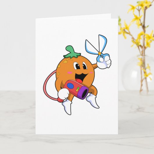 Oranje als kapper met schaar en föhn kaart (Gele Bloem)