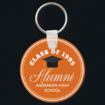 Oranje Alumni High School Reünie Gepersonaliseerd Sleutelhanger<br><div class="desc">Een stijlvol reünie-feest op maat in sinaasappel en wit voor een middelbare school,  hogeschool of universiteit. Pas je aan met je schoolnaam en afstudeerklas onder de elegante kalligrafie voor een geweldig gepersonaliseerd alumni-sleutelhanger-cadeau.</div>