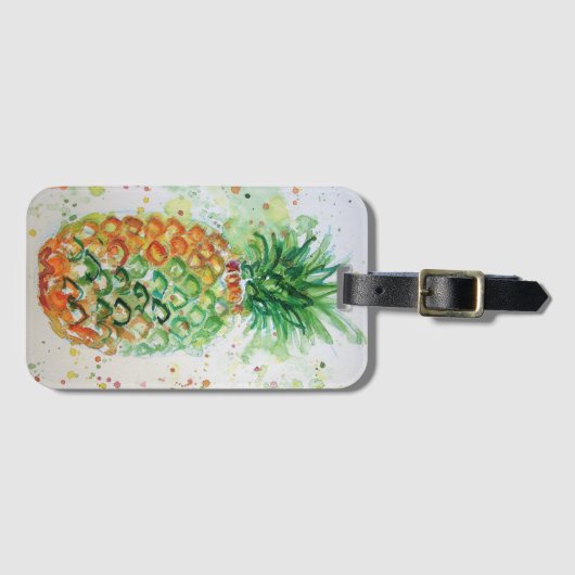 Oranje Ananas Tropische Waterverf Bagagelabel (Voorkant (horizontaal))