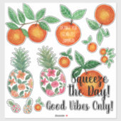 Oranje Ananas Tropische Zomer Quote Waterverf Sticker (Vel)
