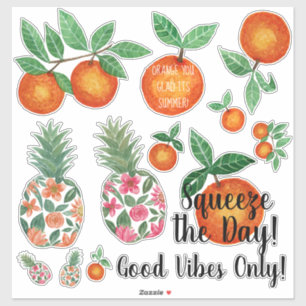 Oranje Ananas Tropische Zomer Quote Waterverf Sticker