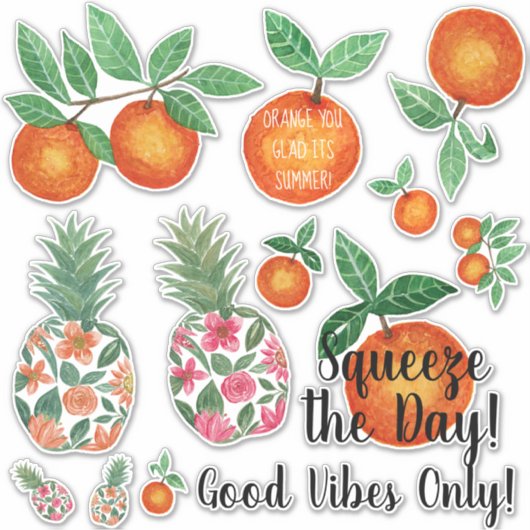 Oranje Ananas Tropische Zomer Quote Waterverf Sticker (Voorkant)