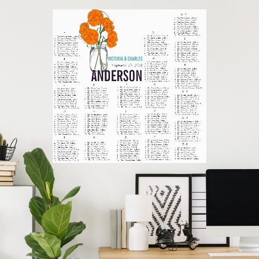 Oranje anjer Mason Jar Seating Chart Poster (Thuiskantoor)